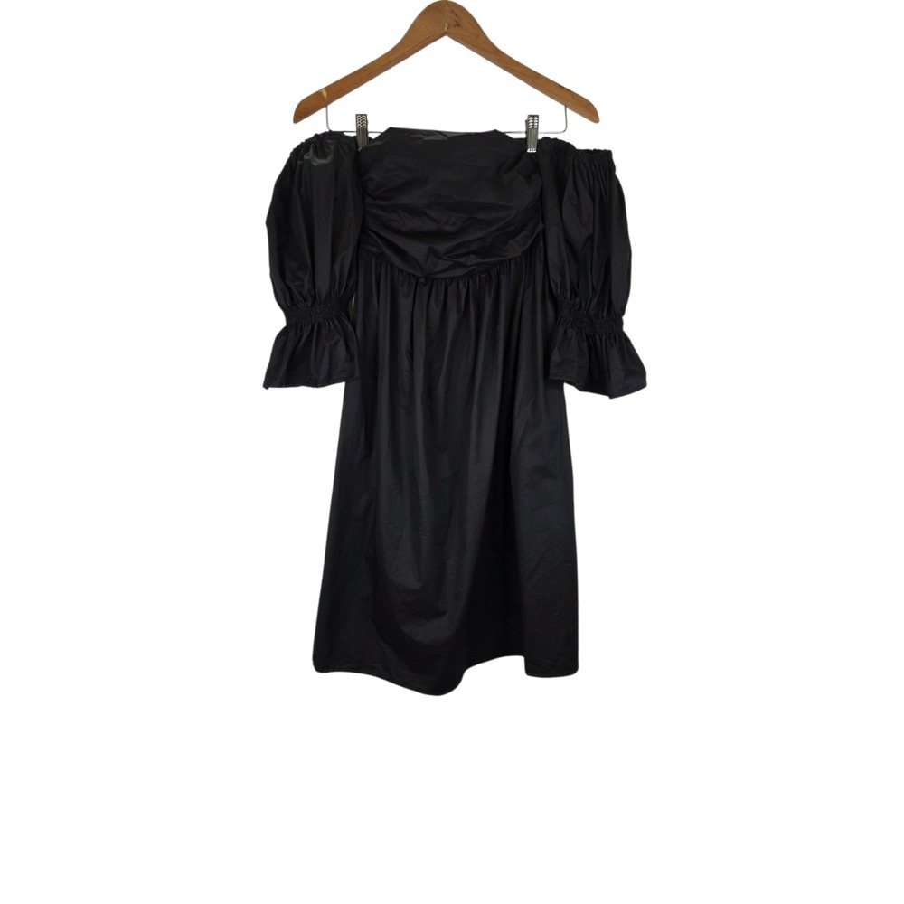 Monica Nera Dress Womens L Black Cotton Off Shoulder Puff Sleeve Boho Chic Mini